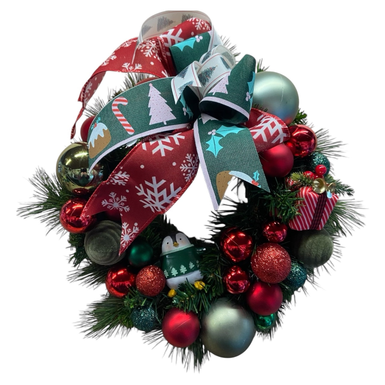 Green and Red Penguin Wreath